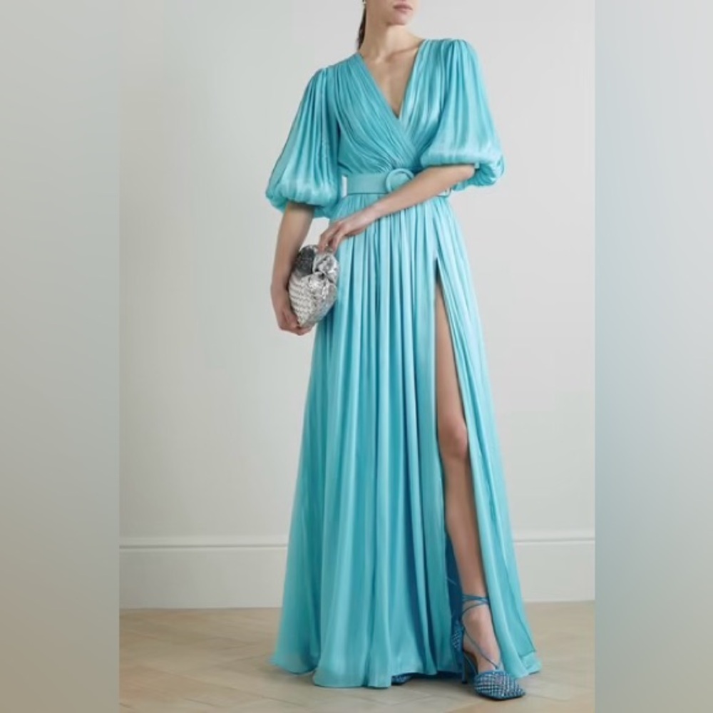 Costarellos NWT Turquoise Plisse Flowy Brennie Belted Gown Size 38 US 6